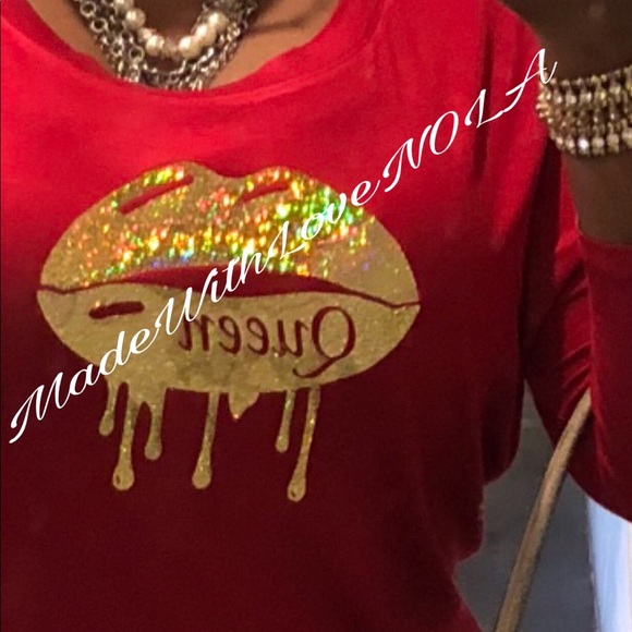 red shirt with gold print
